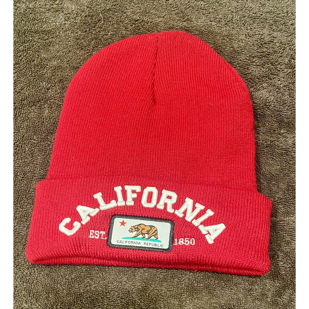 California Republic Red Knit Beanie Toboggan Bear Logo Cuffed Winter Hat OS